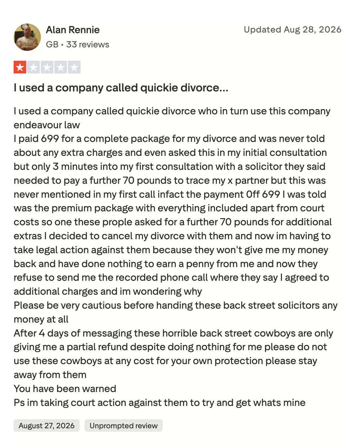 Trustpilot review relating to Quickie Divorce and Endeavour Law