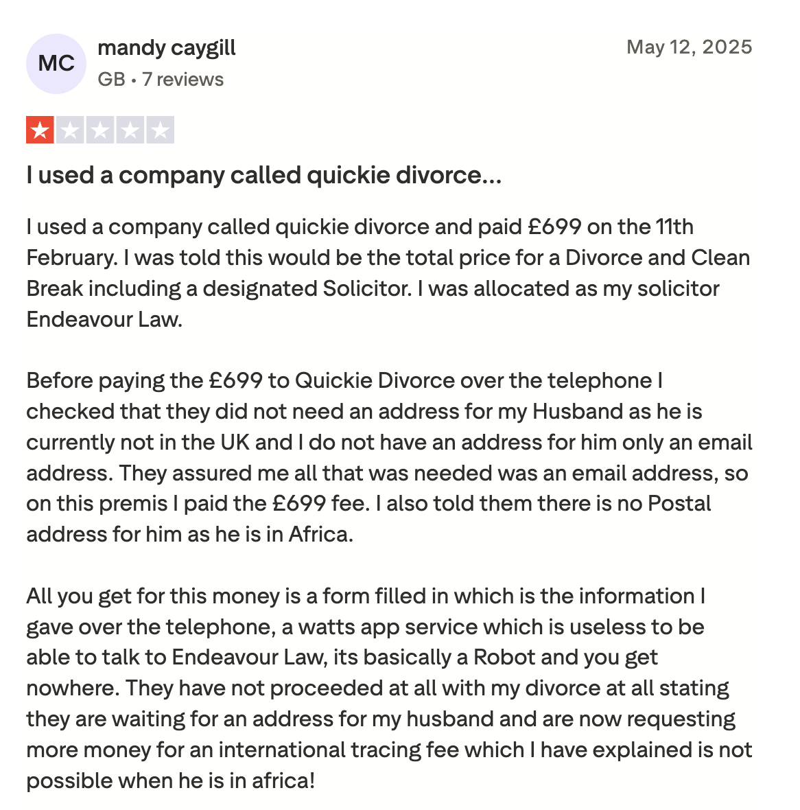 Trustpilot review relating to Endeavour Law