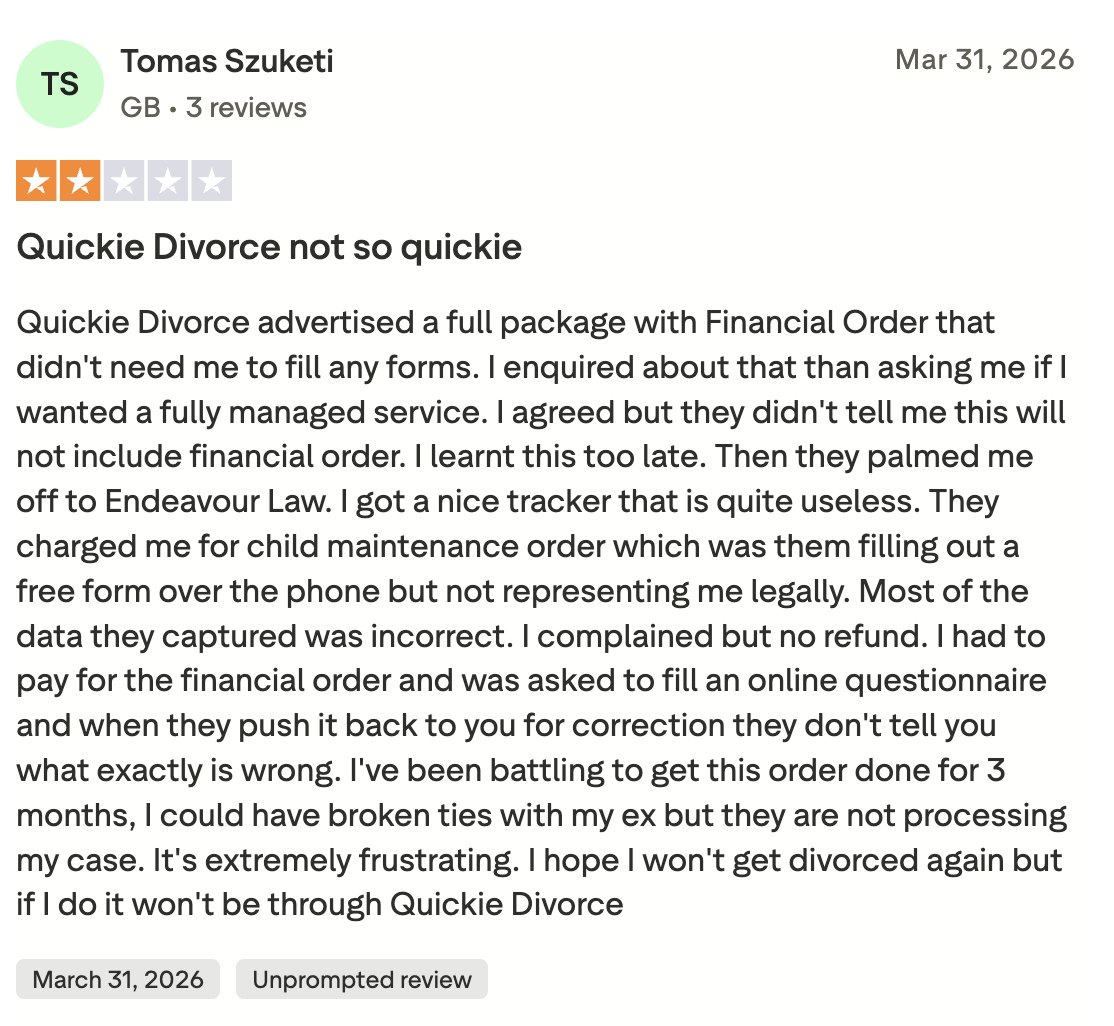 Trustpilot review relating to Quickie Divorce