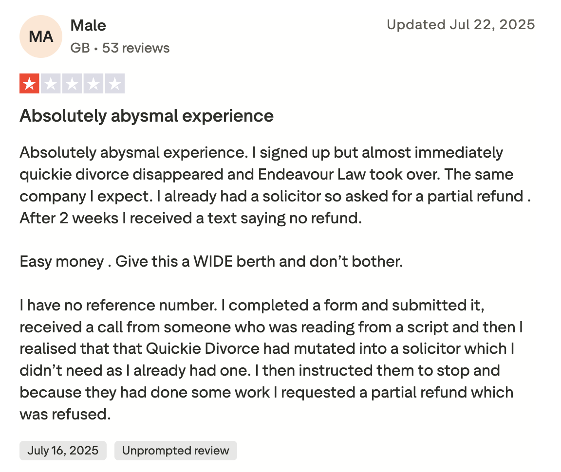 Trustpilot review relating to Quickie Divorce